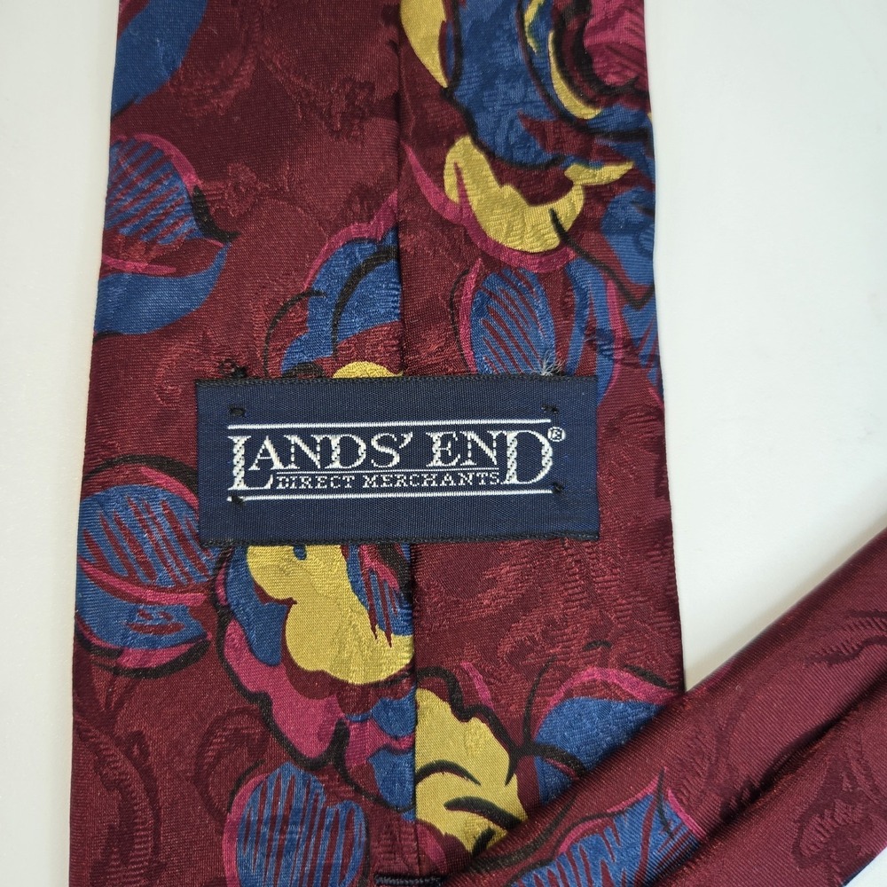 Vintage Lands End Silk Tie Burgundy Blue Gold Floral Art Nouveau 90s 3.5" x 58" - Picture 6 of 6